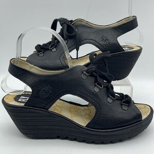 Fly London Ylfa Wedge Leather Sandals Lace Up Platform Black Sz (40) 9